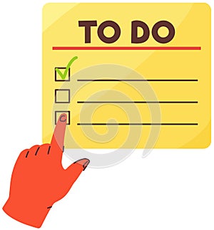 Human hand points to paper sheet with to do plan. Work with daily planning, task scheduling