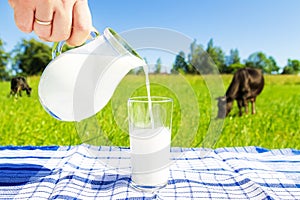 Human hand pours milk from a jug into a glass