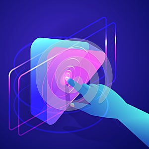 Human hand press play button. Video, music media player interface. Vector neon gradients 3d isometric illustration