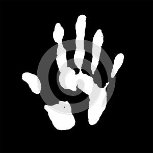 Human hand print, cute skin texture pattern, grunge illustration. Finger scanning, white palm on black background isolated element