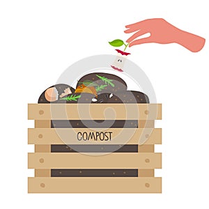 Hombre mano pone el núcleo manzana en cabina de madera cabina verdura minutos verduras en países. comida 