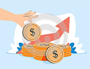 Human hand putting coin to stack of coins on green arrow background. Investment, saving money or finance growth business