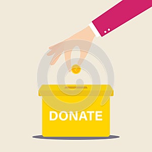 Human hand putting Indian rupee coin in the donation box vector illustration in flat style design.