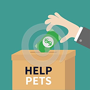 Human hand putting paper money bill with dollar sign into donation paper cardboard box. Helping hands concept. Donate and help pet