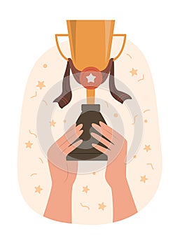 Human Hand Raise a Golden Trophy for Winning Prize Concept Illustration