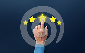 Human hand Rating five star review. Customer satisfaction and satisfied Shopper Positive Feedback. Customer Service