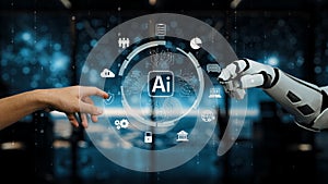 Human Hand Reaching Out to Robotic Hand with Digital Elements Representing Artificial Intelligence and Technology in