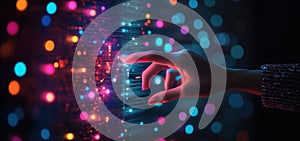 Human Hand Interacting With Vibrant Digital Points of Light