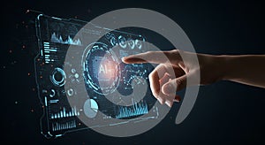 A close-up of a human hand touching a glowing holographic interface with AI-generated business charts, futuristic digital elements