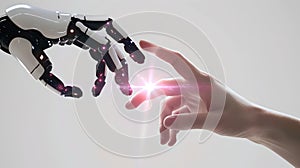 Human hand reaching towards a robotic hand, futuristic interaction. Concept of AI and technology synergy. Simple and