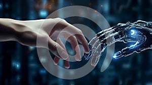 A human hand and a robot hand as a symbol of the connection between people and artificial intelligence technology on the