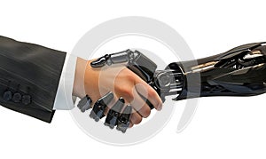 Human hand and robot hand are doing a handshake. Robot and man hands in handshake