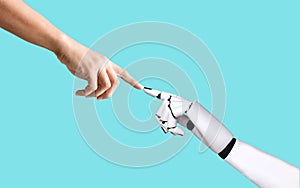 Human hand and robot hand system concept integration and coordination of artificial intelligence photo