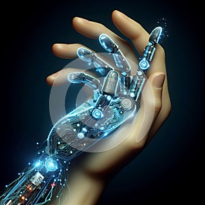 robot hand in human hand, future technology