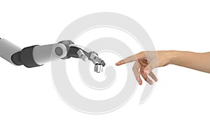 Human hand and robot`s hand pointing to each other isolated