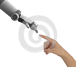 Human hand and robot`s hand pointing to each other isolated