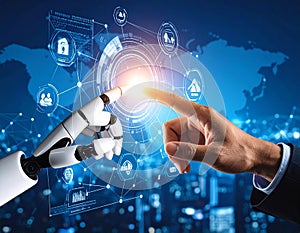 Human and Robot Hands Touching, Futuristic Interface, Global Network, Bright Glow