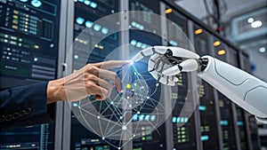Human and Robot Collaboration AI Technology Partnership in Data Center AI generated.
