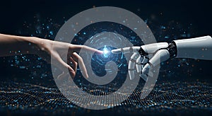 A human hand and a robotic hand touching virtual screen