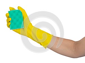 Human hand in rubber glove holding a washing sponge