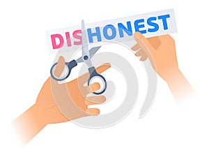 Human hand with a scissors cuts a phrase DISHONEST