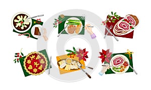 Human Hand and Served Pie and Meat on Plate as Traditional Christmas Eve Dish and Dessert Above View Vector Set