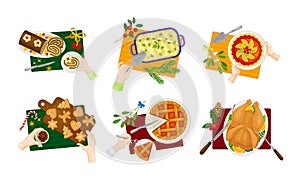 Human Hand and Served Pie and Meat on Plate as Traditional Christmas Eve Dish and Dessert Above View Vector Set