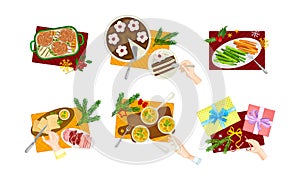 Human Hand and Served Pie and Meat on Plate as Traditional Christmas Eve Dish and Dessert Above View Vector Set