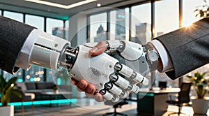 human hand shaking with a robot hand in a modern office setting