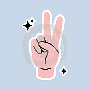 Human hand showing peace, victory gesture. Peace hand gesture sign. Peace love sticker concept. Vector illustration