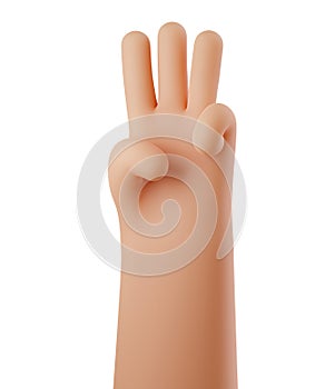 Human hand showing three fingers over isolated white background. Counting number 3, the third part. Hands gesture
