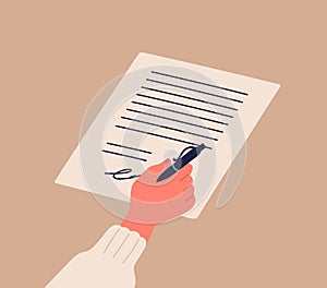 Human hand signing notary document holding pen vector flat illustration. Cartoon person arm confirm official paper page