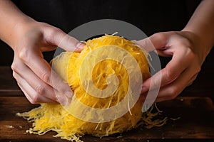 human hand spooning out cooked strands from a spaghetti squash