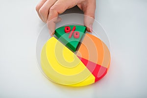 Human Hand Taking Piece Of Pie Chart With Percentage Symbol photo