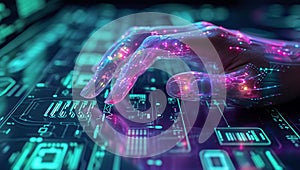 Hand Touching Computer Keyboard With Glowing Lights