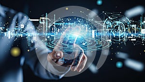 Human hand touching a glowing blue digital network interface with interconnected nodes and abstract data streams