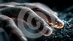 Human Hand Touching Glowing Particles in Dark Abstract Composition
