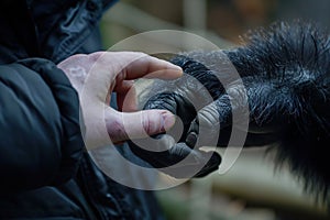 Human hand touching hand of a gorilla. Ai generative