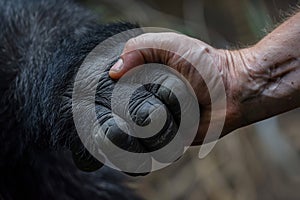 Human hand touching hand of a gorilla. Ai generative