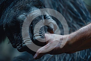 Human hand touching hand of a gorilla. Ai generative