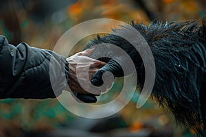 Human hand touching hand of a gorilla. Ai generative