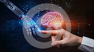 Human hand touching a holographic brain interfacing with a robotic arm, a metaphor for AI and human collaboration