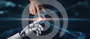 Human hand touching a robot hand symbolizing artificial intelligence and future technology innovation concept