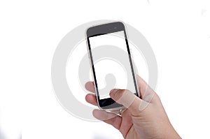 Human hand touching smart phone screen isolated on white background