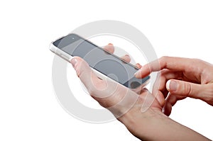 Human hand touching smart phone screen isolated on white background