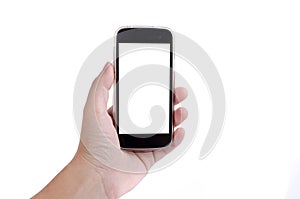 Human hand touching smart phone screen on white background