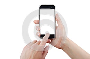 Human hand touching smart phone screen on white background