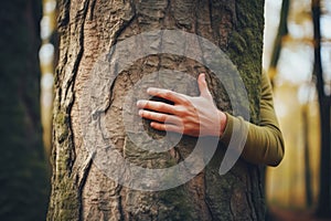 Human hand touching tree in rainforest,love nature concept.Generative Ai