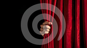 Human hand unveiling red velvet theater curtain for a dramatic reveal. Perfect for announcements, reveals or