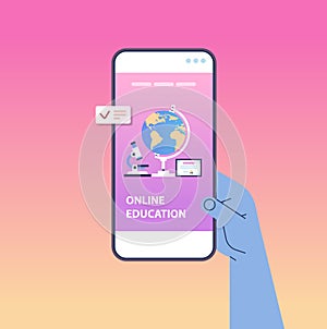 human hand using mobile educational app on smartphone screen online education concept